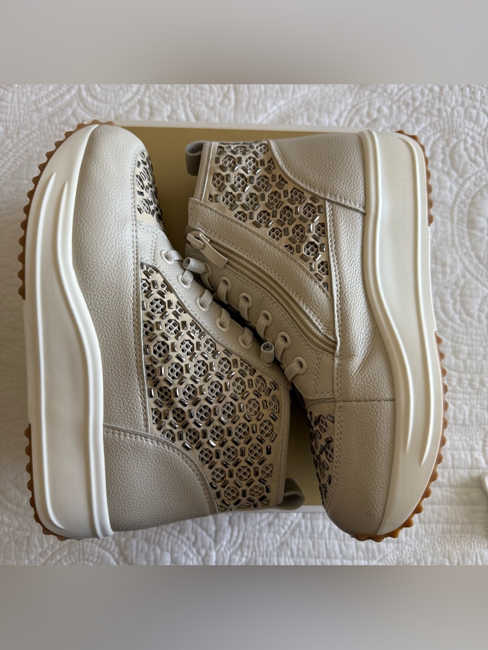 Women's Cream Platform Sneakers with Laser-Cut Panels